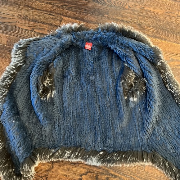 SAKS FIFTH AVE RED Rabbit and Raccoon Fur Vest Denim Blue with Grey/silver trim - Picture 3 of 5